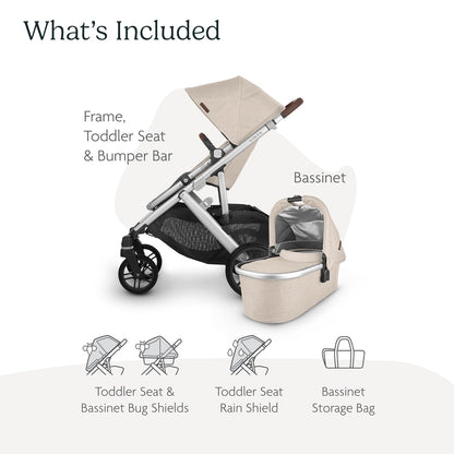 UPPAbaby Vista V2 Stroller / Convertible Single-To-Double System / Bassinet, Toddler Seat, Bug Shield, Rain Shield, and Storage Bag Included / Greyson (Charcoal Mélange/Carbon Frame/Saddle Leather)