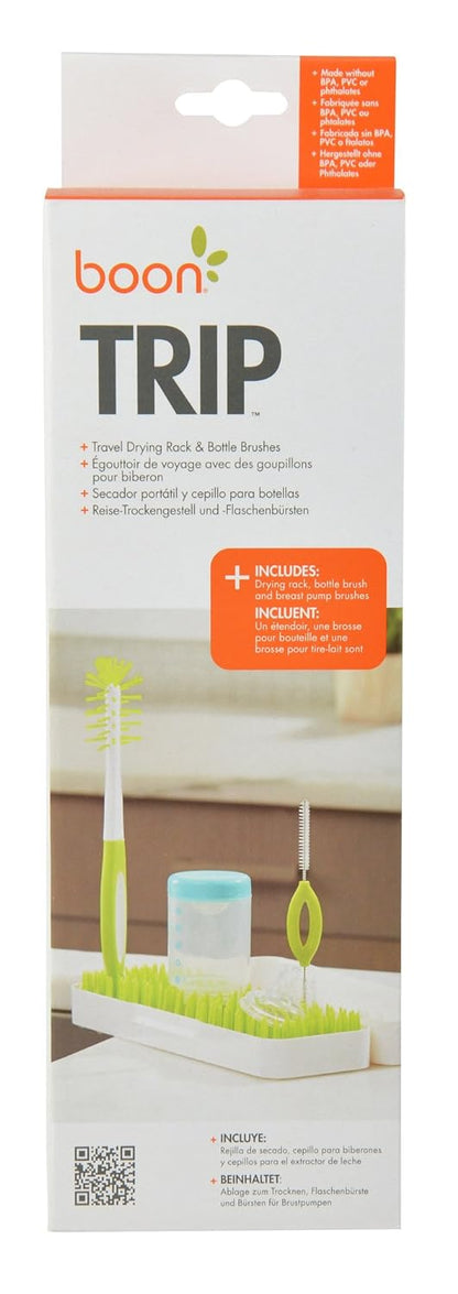 Boon Trip Silicone Travel Bottle Drying Rack - Portable Baby Bottle Drying Rack and Baby Bottle Brush Set - Travel Bottle Cleaner Kit - Baby Travel Essential - Green and White
