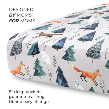 Pobi Baby - 2 Pack Premium Fitted Crib Sheets for Standard Crib Mattress - Ultra-Soft Cotton Blend, Stylish Animal Woodland Pattern, Safe and Snug for Baby (Magical)