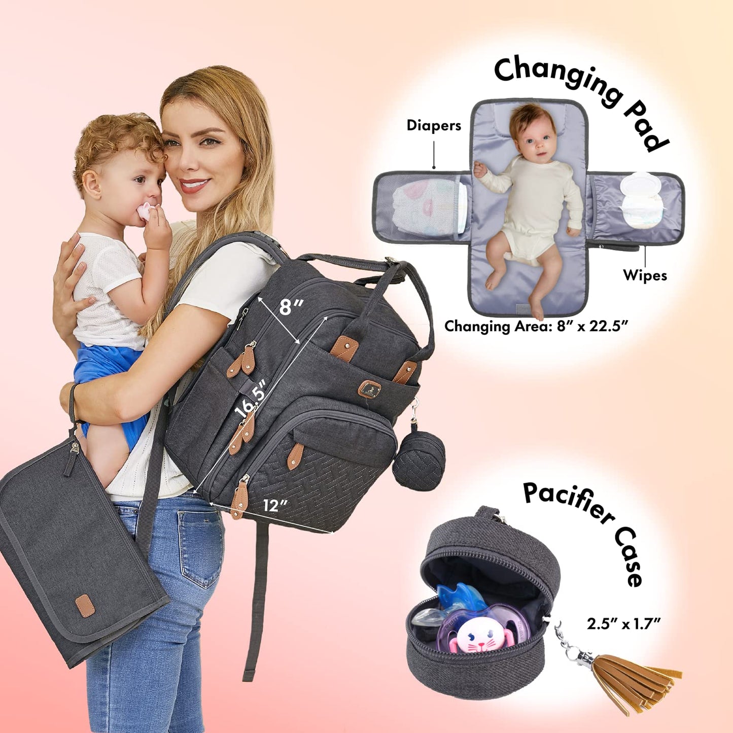 Dikaslon Diaper Bag Backpack with Portable Changing Pad, Pacifier Case and Stroller Straps, Large Unisex Baby Bags for Boys Girls, Multipurpose Travel Back Pack Moms Dads, Black