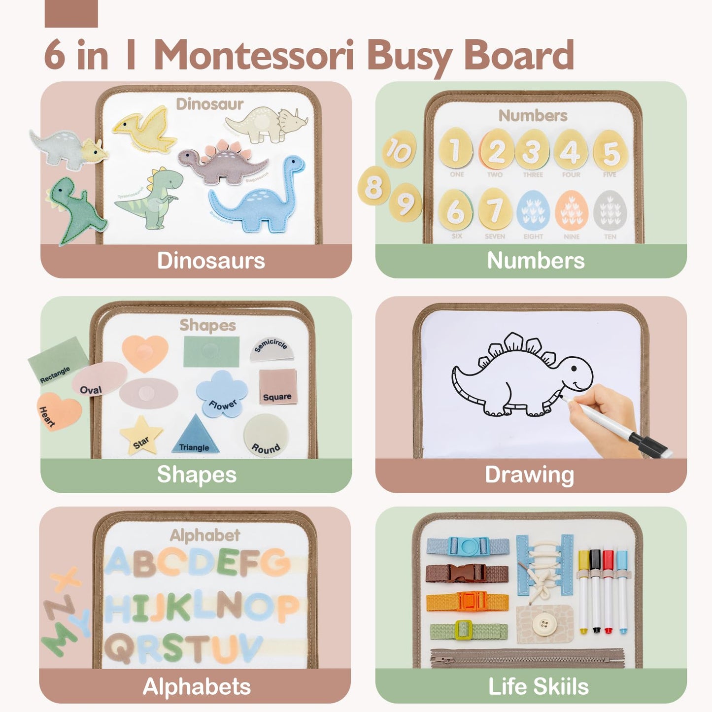 hahaland Montessori Busy Board for Toddlers 3-4 - 3 Year Old Boy Toys Birthday Gift - Travel Toys - Dinosaur, Alphabet, Number, Shape, Drawing, Life Skills - Easter Basket Stuffers for Toddler