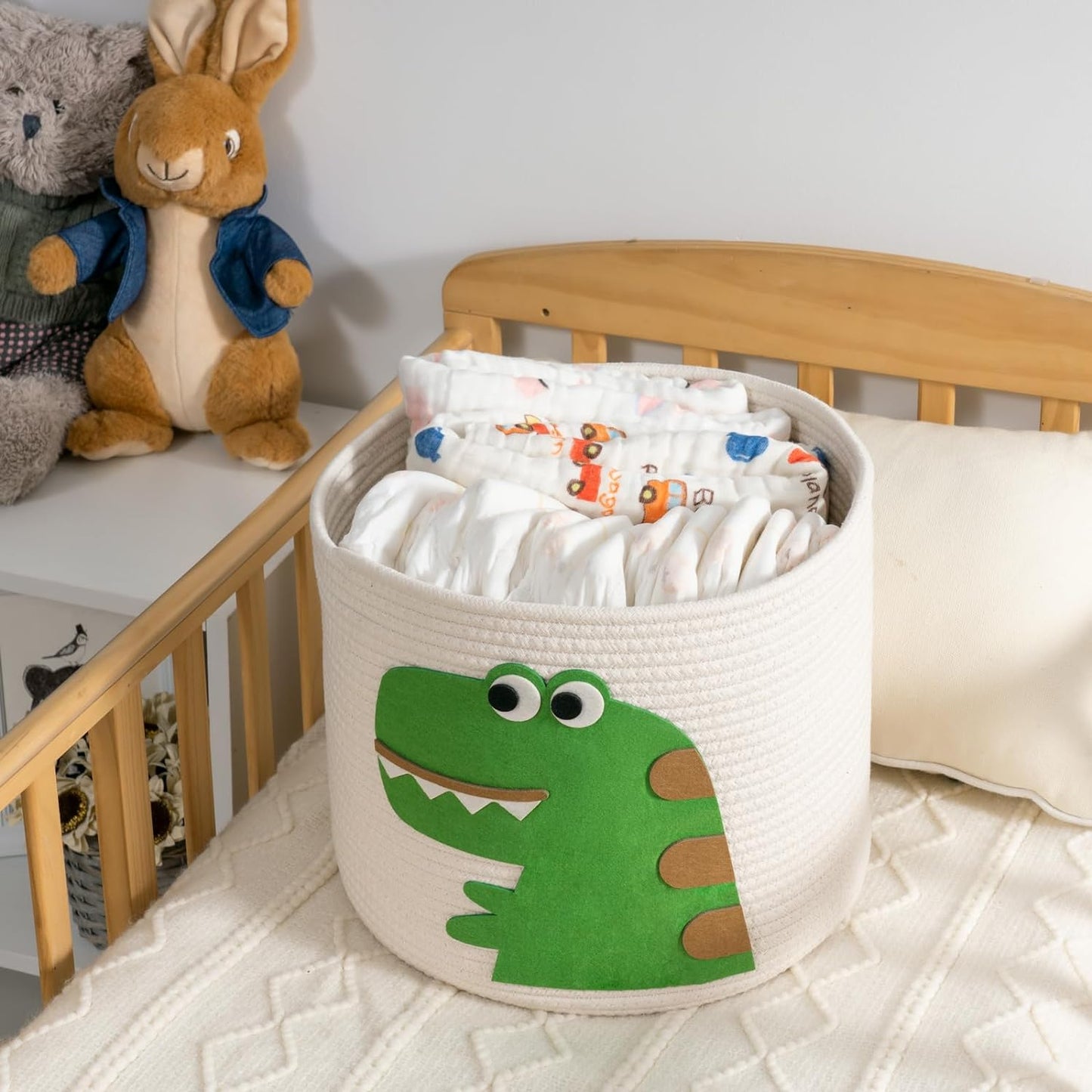 CherryNow Bear Basket, Cotton Rope Basket, Woven Laundry Hamper, Cute Storage Bin in Bedroom, Nursery & Living room, 10'' (H) x 12'' (D) Grey