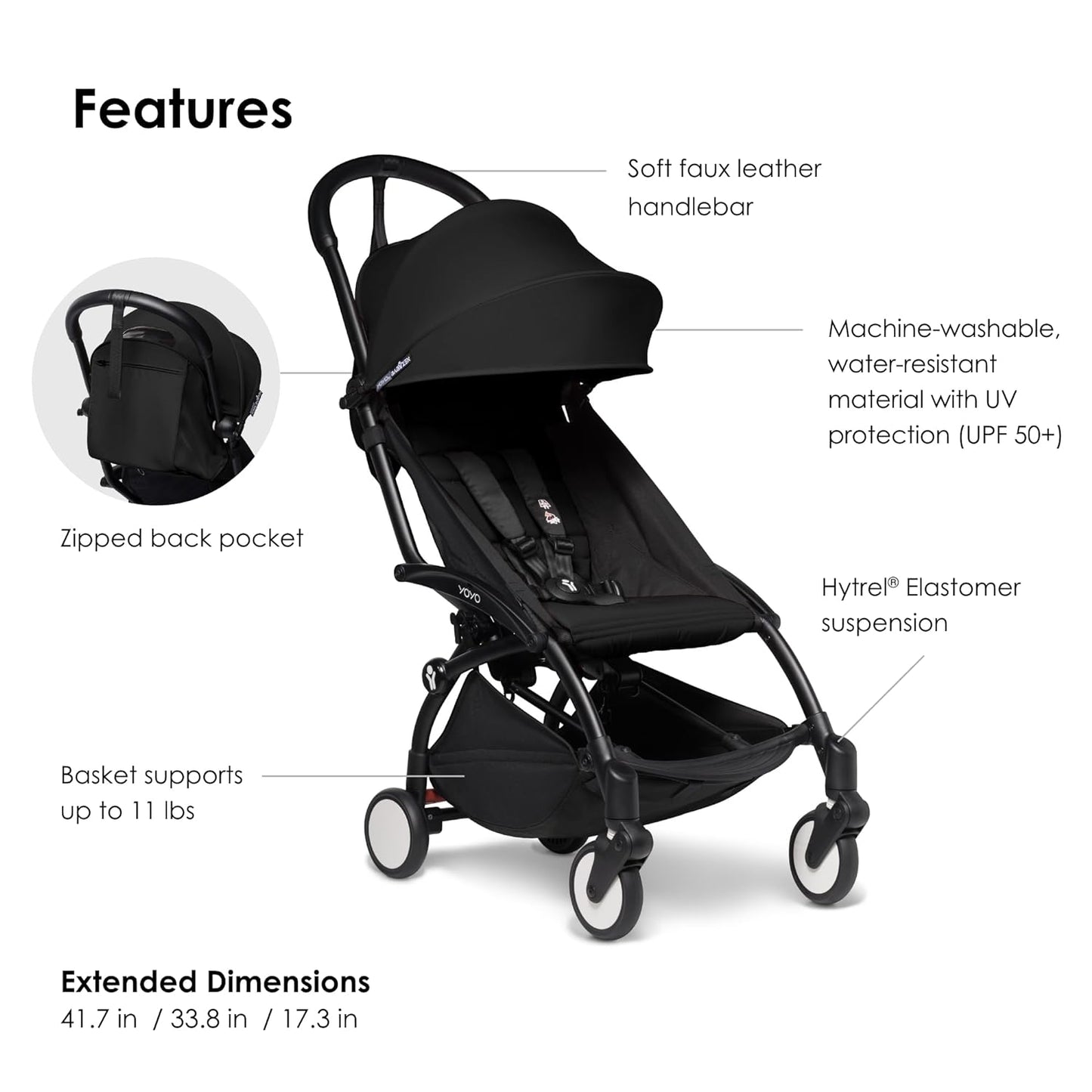 BABYZEN YOYO2 Stroller - Lightweight & Compact - Includes Black Frame, Black Seat Cushion + Matching Canopy - Suitable for Children Up to 48.5 Lbs