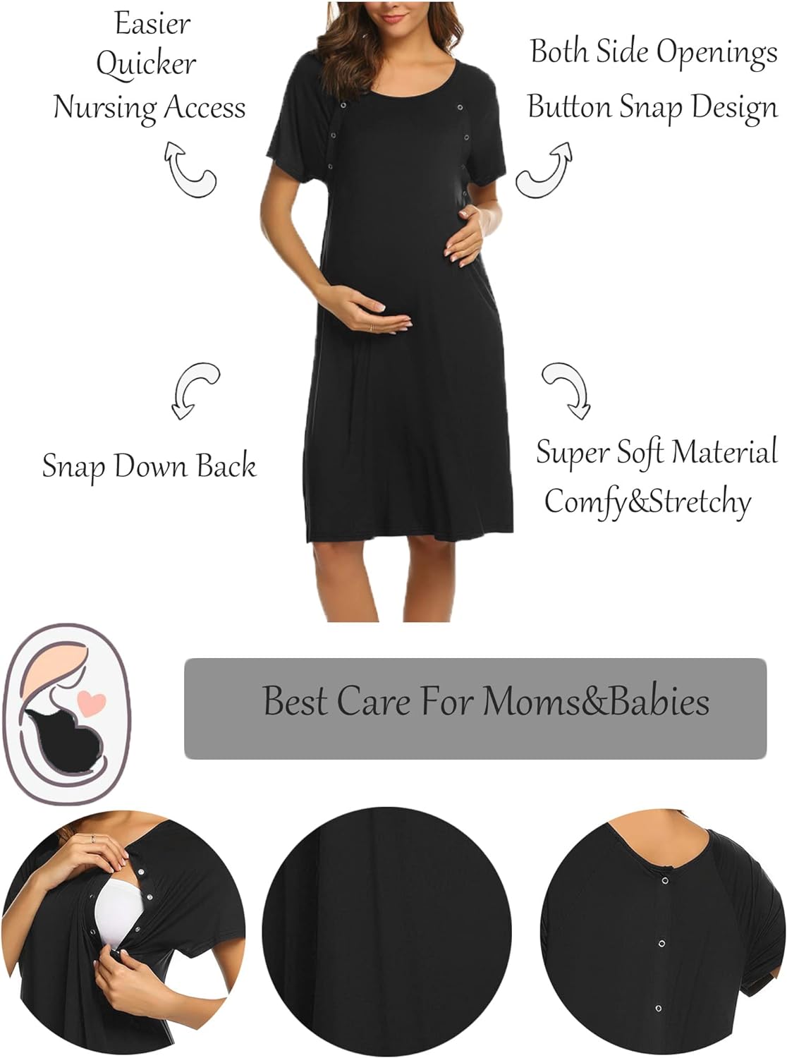 Ekouaer Women’s Nursing/Delivery/Labor/Hospital Nightdress Short Sleeve Maternity Nightgown with Button S-XXL