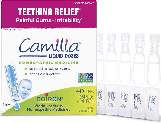 Boiron Camilia Teething Drops for Daytime and Nighttime Relief of Painful or Swollen Gums and Irritability in Babies - 40 Liquid Droppers Bundled in 8 separate packs of 5