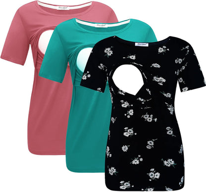 Bearsland Women's 3 Packs Maternity Nursing Tops Short Sleeve Breastfeeding Shirts