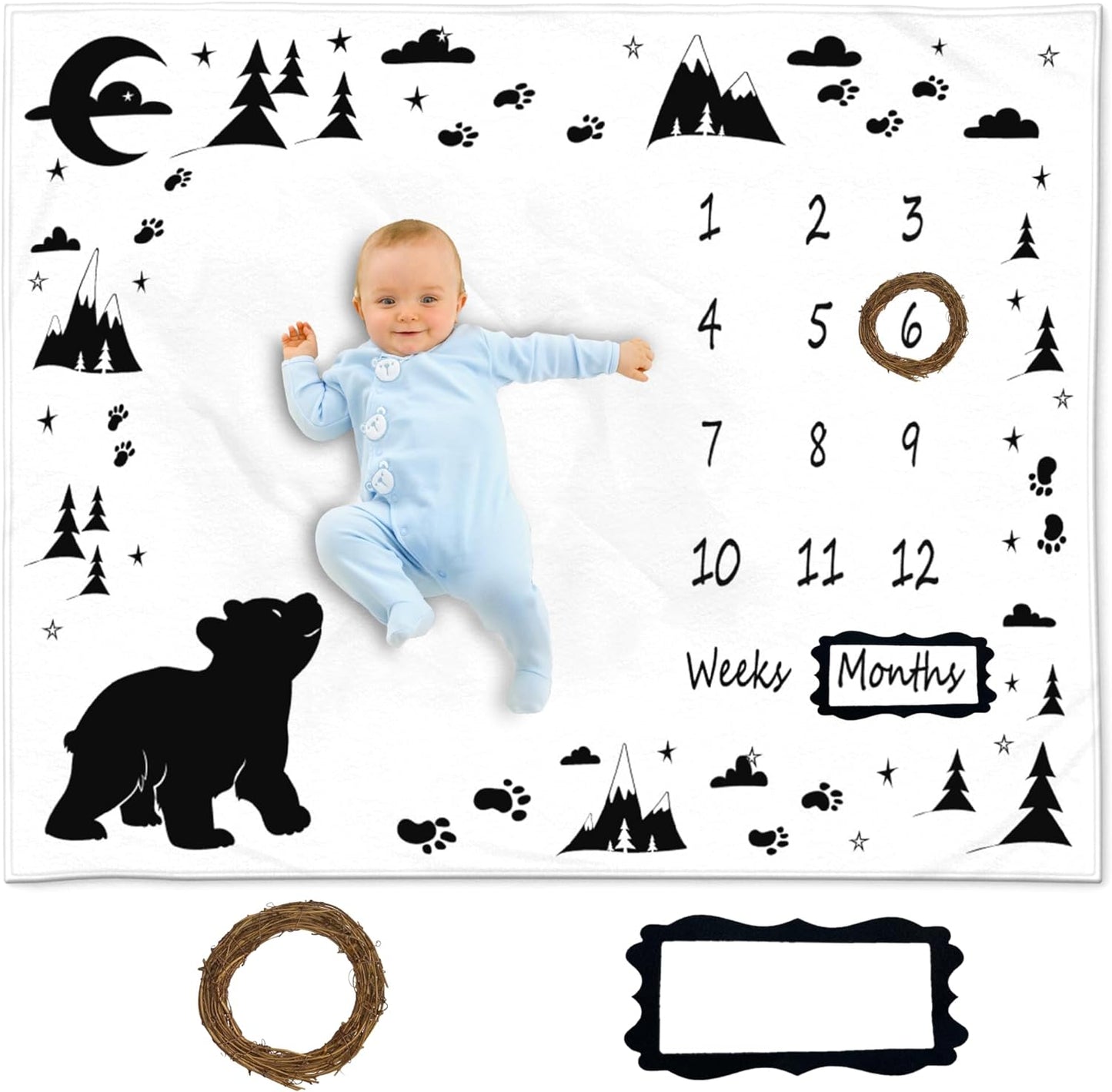 KEMINA BLANKETS Baby Monthly Milestone Blanket Boy - Milestone Blanket for Baby Boy Includes Felt Frame and Personalized Board, Adventure Mountain Month Blanket Woodland Nursery, Baby Shower 50x40