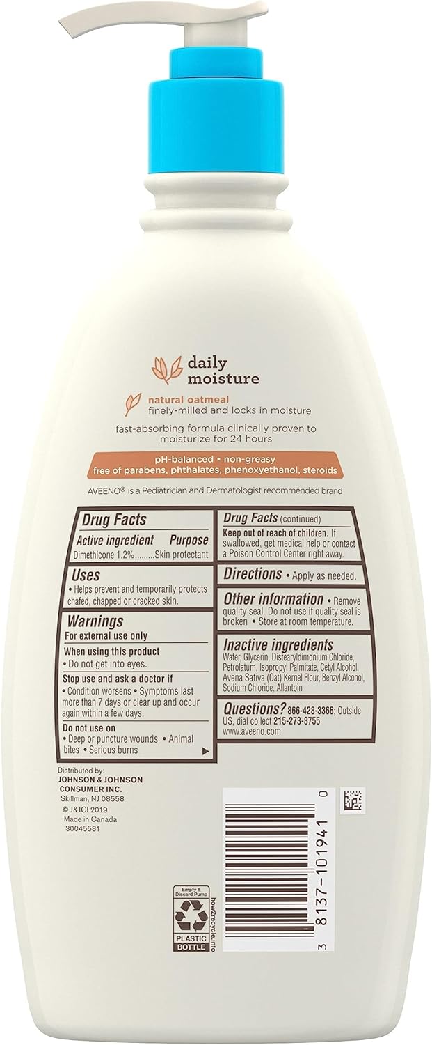 Aveeno Baby Daily Moisture Moisturizing Lotion for Delicate Skin with Natural Colloidal Oatmeal & Dimethicone, Hypoallergenic, Fragrance-, Phthalate- & Paraben-Free, 18 fl. oz (Package may vary)