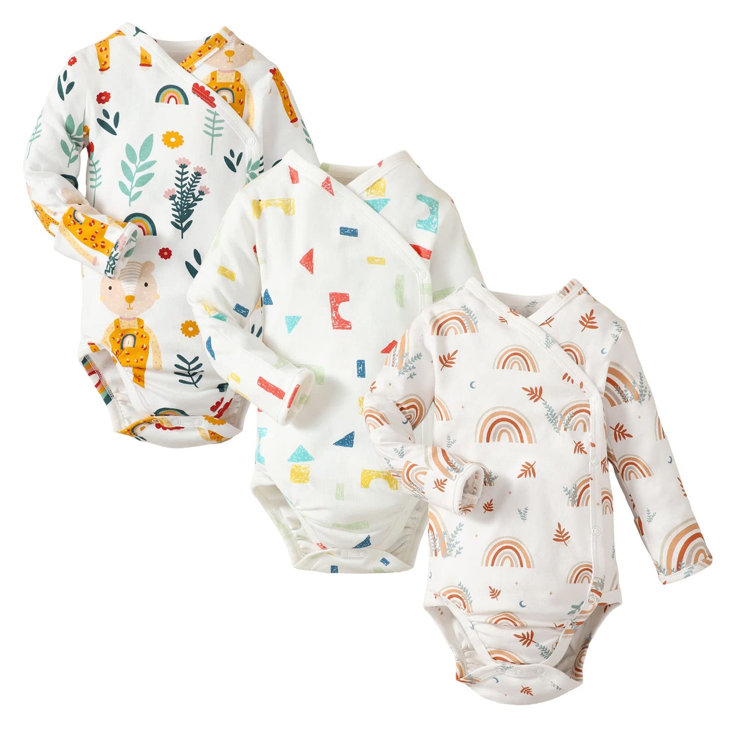 DEFAHN Baby Side Snap Bodysuit Kimono Onsies Newborn Boy Girl 3-Pack 100% Cotton Basic Pattern Kimono Bodysuits (Rainbow/RBear/Block, Newborn)