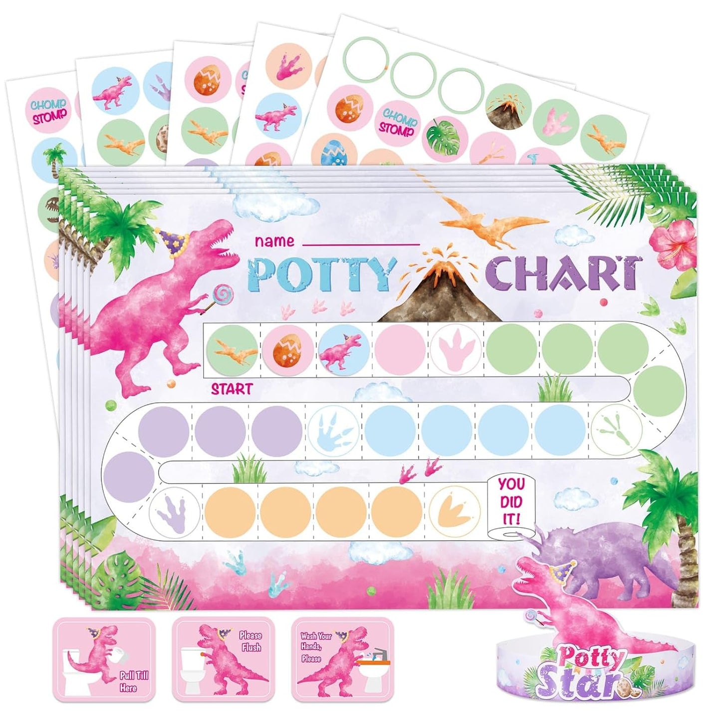 Potty Training Chart - Dinosaur Toilet Training Reward Chart with 270 Potty Training Stickers Crown Pink Sticker Chart for Boys Toddler Kids Potty Training for Ideal Gift Birthday