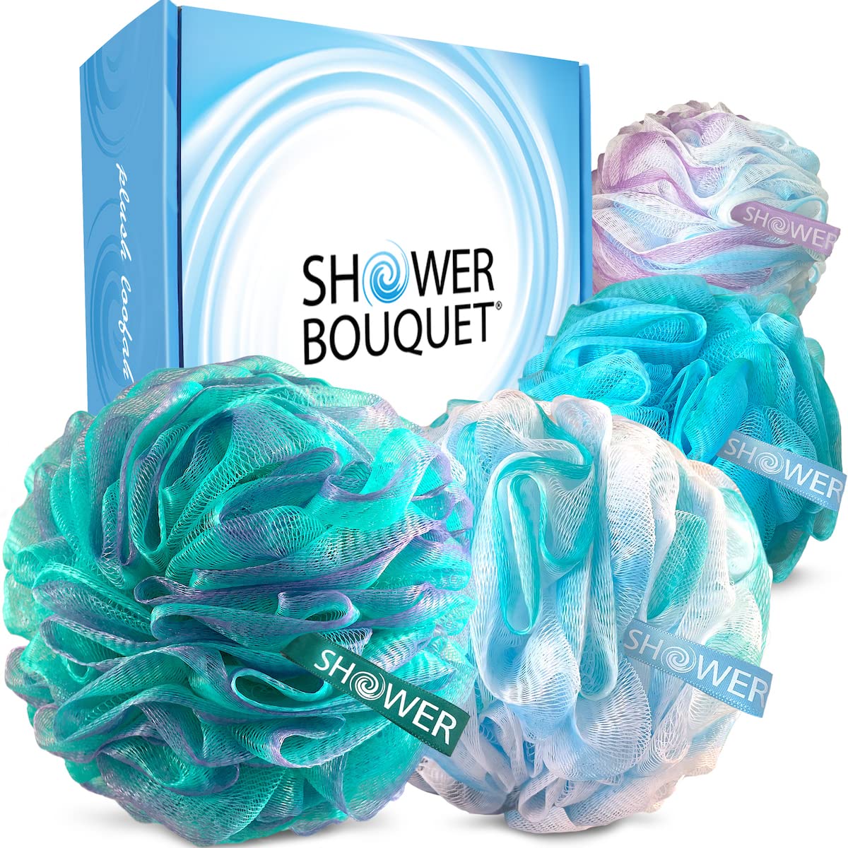 Loofah Soft-White-Cloud Bath-Sponge XL-75g-Set by Shower Bouquet: 4 Pack, Extra Large Mesh Pouf for Men and Women - Exfoliate with Big Gentle Cleanse Scrubber in Beauty Bathing Accessories