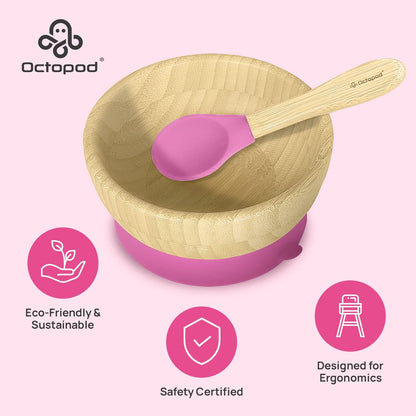 Abiie Octopod Bamboo Dish - Fun Kids Bowls for 4 months and up, Bamboo Suction Bowl, High-Chair Bamboo Baby Bowls, Mess-Free Toddler Suction Bowls, Ergonomic Baby Feeding Supplies, 5.7 x 3 x 5.7 in