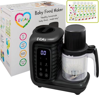 EVLA'S Baby Food Maker, Healthy Homemade Baby Food in Minutes, Steamer, Blender, Baby Food Processor, Touch Screen Control, includes 6 Reusable Food Pouches for Storage or Travel, White