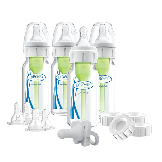 Dr. Brown's Anti-Colic Breast to Bottle Feeding Set with Slow Flow Nipples, Travel Caps, and Silicone Pacifier - Gray