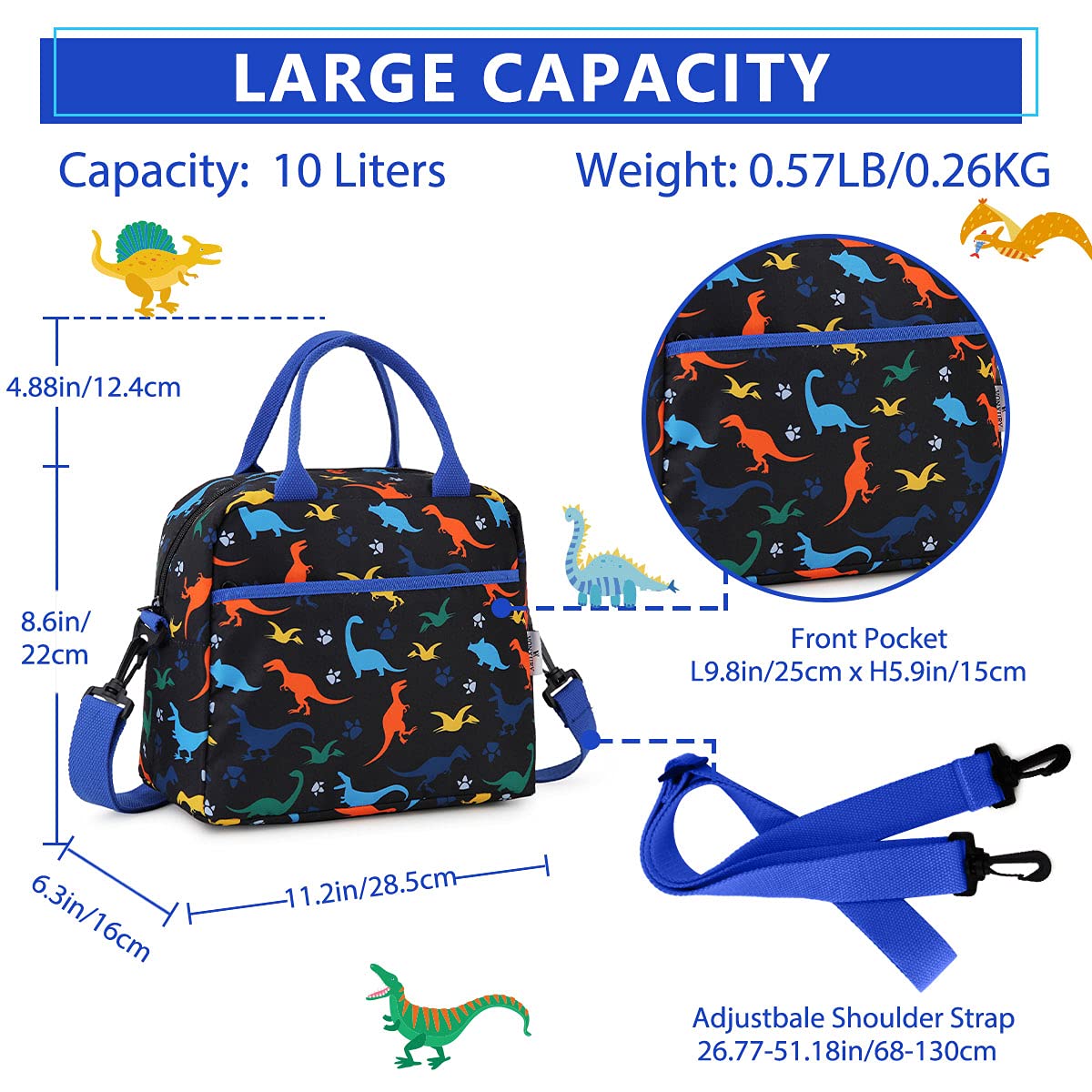 Lunch Bag for Kids, Insulated Boys Lunch Box Bag Black Dinosuar Thermal Lunch Tote with Removable Shoulder Strap, VONXURY