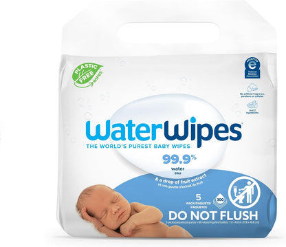 WaterWipes Plastic-Free Original Baby Wipes, 99.9% Water Based Wipes, Unscented & Hypoallergenic for Sensitive Skin, 60 Count (Pack of 12), Packaging May Vary