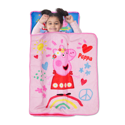 Peppa Pig I'm Just So Happy Toddler Nap-Mat - Includes Pillow and Fleece Blanket – Great for Girls or Boys Napping during Daycare or Preschool - Fits Toddlers