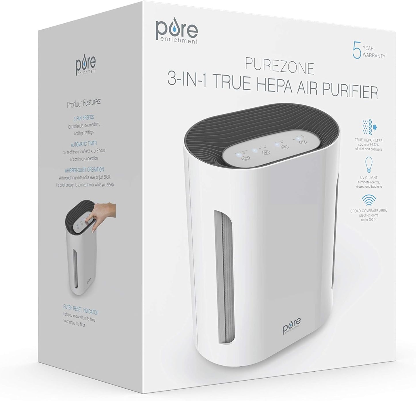 Pure Enrichment PureZone 3-in-1 Air Purifier Bundle with True HEPA Replacement Filter - True HEPA Filter & UV-C Cleans Air, Helps Alleviate Allergies, Removes Pet Hair, Smoke & More