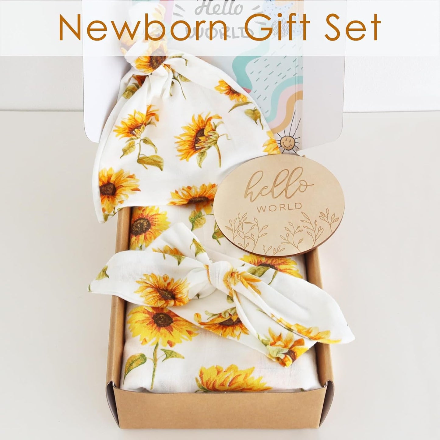 LifeTree Newborn Swaddle Set with Matching Hat and Headband Bow, Wooden Birth Announcement Card, Muslin Baby Swaddle Blankets for Boys & Girls, Eucalyptus Pattern