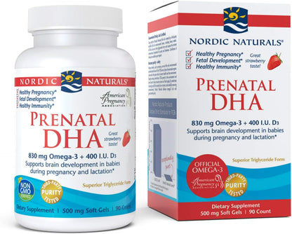 Nordic Naturals Prenatal DHA, Strawberry - 120 Soft Gels - 830 mg Omega-3 + 400 IU Vitamin D3 - Supports Brain Development in Babies During Pregnancy & Lactation - Non-GMO - 60 Servings