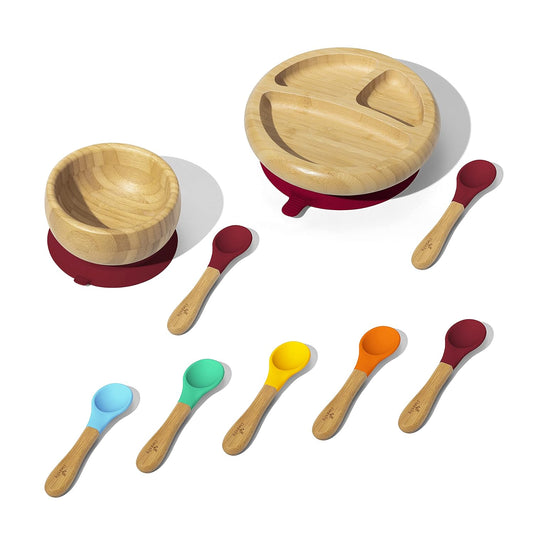 Avanchy Bamboo Divided Baby Plate, Bowl & Assorted Spoons Set - Suction Plates and Bowls for Toddlers - 9 Months and Older - 7" x 2" (Magenta)