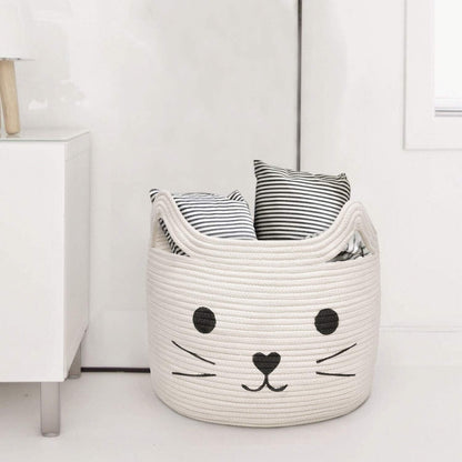 HiChen Large Woven Cotton Rope Storage Basket, Laundry Basket Organizer for Toys, Blanket, Clothes, Towels, Gifts | Pet Gift Basket for Cat, Dog - 15.7" L×11.8" H, Black