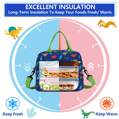Lunch Bag for Kids, Insulated Boys Lunch Box Bag Black Dinosuar Thermal Lunch Tote with Removable Shoulder Strap, VONXURY