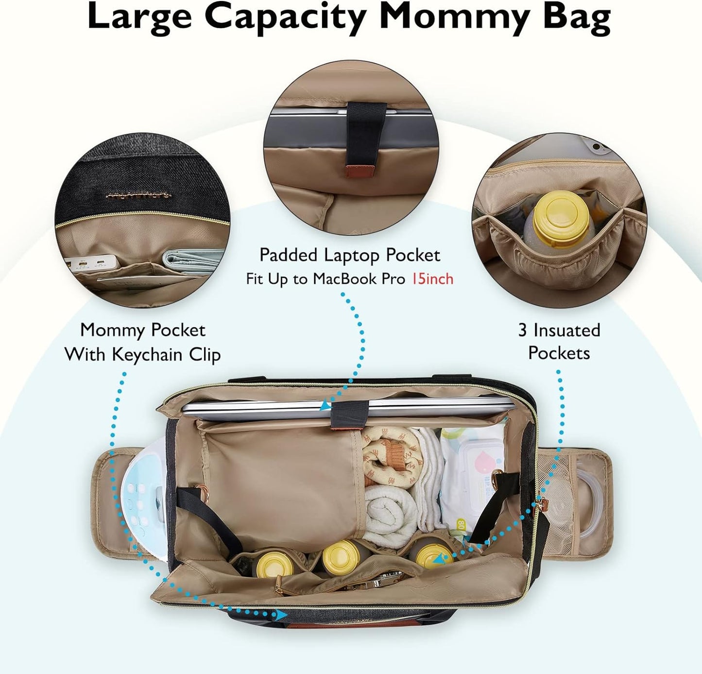 mommore Breast Pump Bag Diaper Tote Bag with 15 Inch Laptop Sleeve Fit Most Breast Pumps Like Medela, Spectra S1,S2, Evenflo