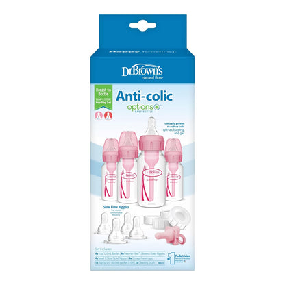 Dr. Brown's Anti-Colic Breast to Bottle Feeding Set with Slow Flow Nipples, Travel Caps, and Silicone Pacifier - Gray