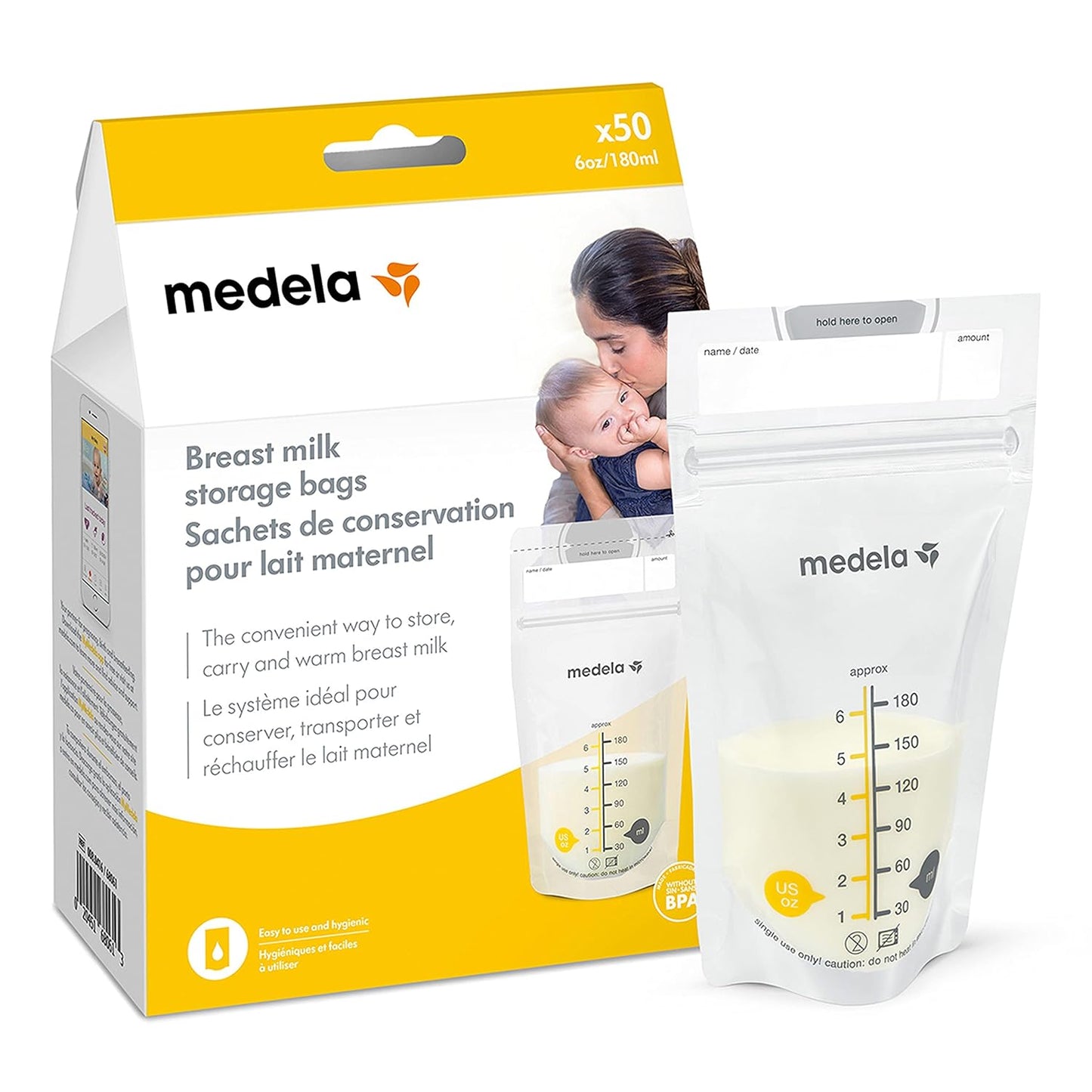 Medela Breast Milk Storage Bags, 100 Count, Ready to Use Breastmilk Bags for Breastfeeding, Self Standing Bag, Space Saving Flat Profile, Hygienically Pre-Sealed, White, 6 Ounce