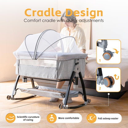 Bedside Crib, 3 in 1 Bassinet with Quick Height Adjustment and Mosquito Nets, Baby Cradle, Portable Beside Bassinet with Golden Triangle Structure, CPSC Certification