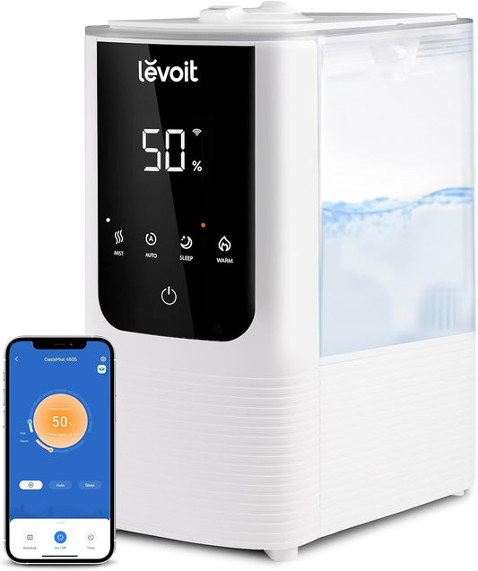 LEVOIT Humidifiers for Bedroom Home, Smart Warm and Cool Mist Air Humidifier for Large Room, Auto Customized Humidity, Fast Symptom Relief, Easy Top Fill, Essential Oil, Quiet, OasisMist4.5L, White