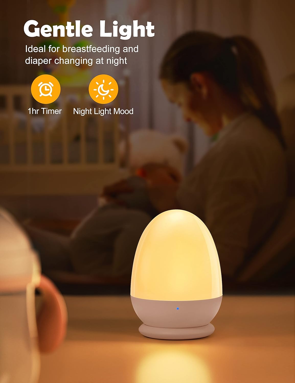 JolyWell Baby Night Light for Kid, Portable Egg Nightlight with Stable Charging Pad, Touch Nursery Night Lamp for Breastfeeding, Toddler Night Light for Bedroom, Timer Setting, ABS+PC, White-2