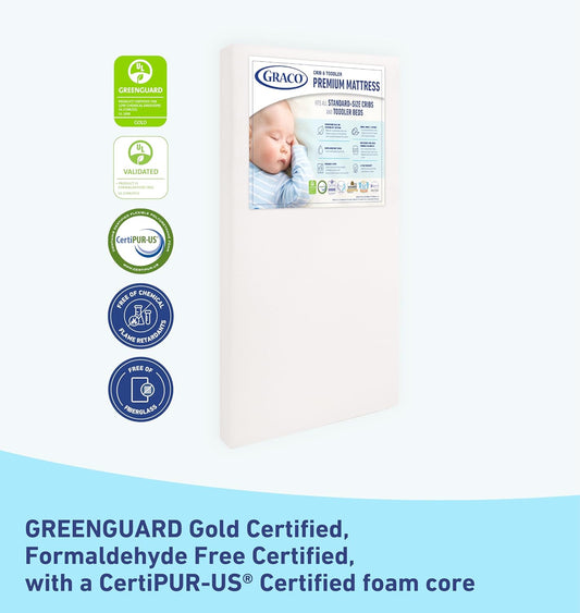 Graco Premium Crib & Toddler Mattress - GREENGUARD & CertiPUR-US Certified, Machine Washable Cover, Waterproof Sleep Surface, Fits Crib & Toddler Bed