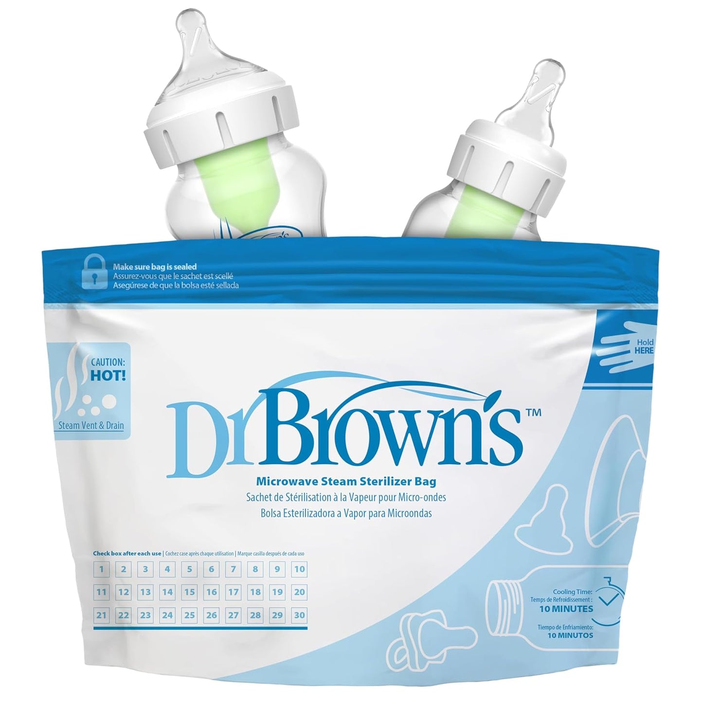 Dr. Brown's Microwave Steam Sterilizer Bags for Baby Bottles, Pacifiers, Pump Parts and Accessories, Travel Baby Bottle Sterilizer, 30 Uses per Bag, 5-Pack