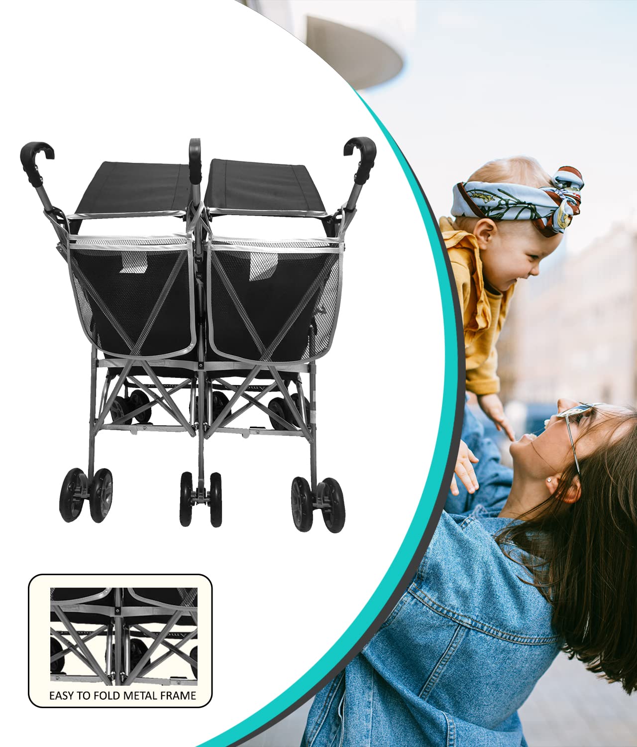 AmorosO Twin Lightweight Umbrella Stroller - Easy to Clean Stroller - Baby Stroller with Four Wheels - Travel-Ready Stroller - with Extra Storage - Sunlight and Light Rain Protection - Black