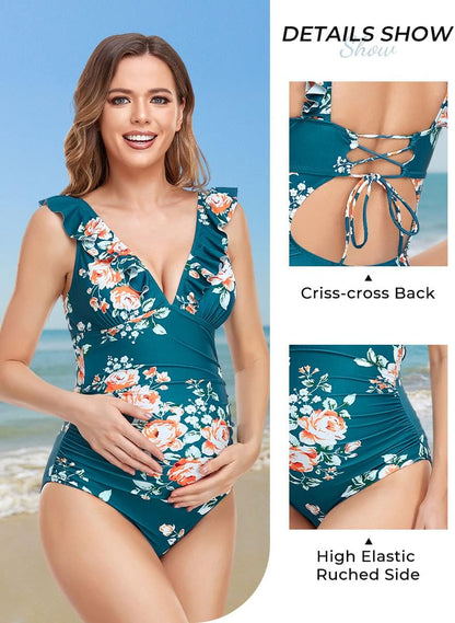 Summer Mae Maternity Swimsuit V-Neck One Piece Swimsuit Ruffled Lace Up Monokini