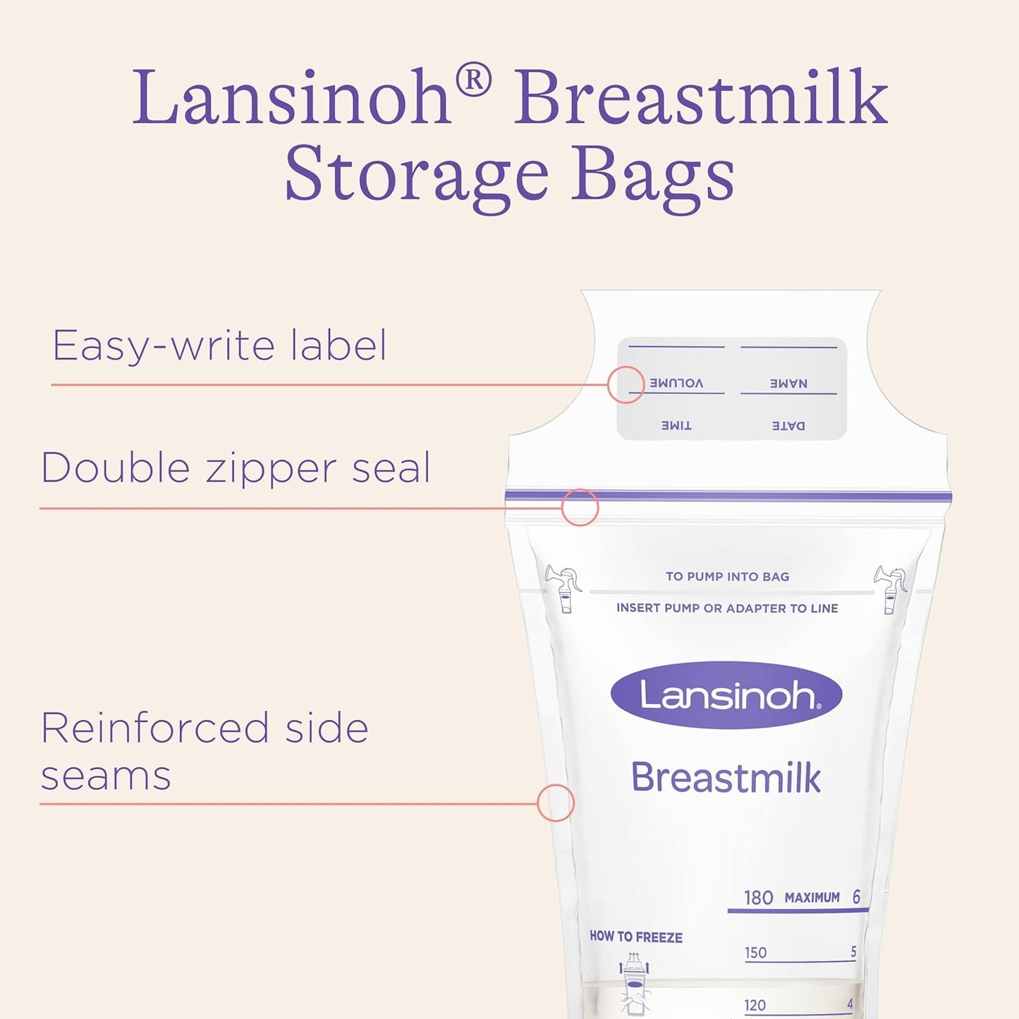 Lansinoh Breastmilk Storage Bags, 100 Count, 6 Ounce, Easy to Use Milk Storage Bags for Breastfeeding, Presterilized, Hygienically Doubled-Sealed, for Refrigeration and Freezing