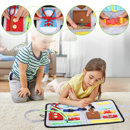 Busy Board for Toddlers 1-6, Montessori Sensory Toy for Develop Basic Skills, Dress and Alphabet Spell Cognition Latch Buckle Learning Games, Great Airplane and Carseat Travel Gift for Boys and Girls