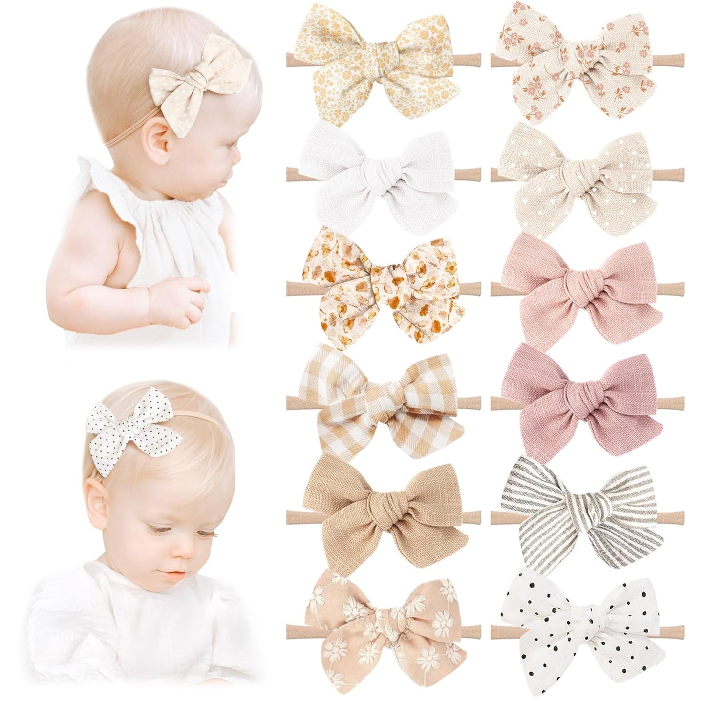 Niceye Baby Girl Bows and Headbands, 12 Packs of Stretchy Nylon Hairbands Hair Bows for Newborns, Infants, Toddlers - Handmade Baby Hair Accessories for Girls