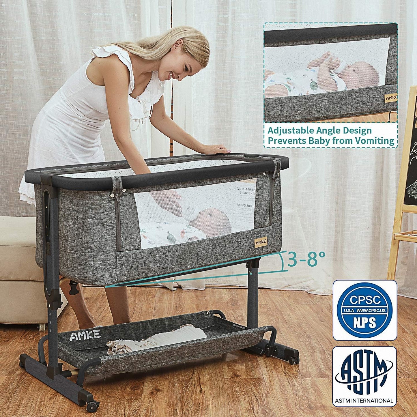 AMKE 3 in 1 Baby Bassinets,All Mesh Bedside Sleeper for Baby,Easy to Assemble Bassinet for Newborn/Infant,Baby Cradle with Storage Basket,Adjustable Bedside Crib,Safe Portable Baby Bed