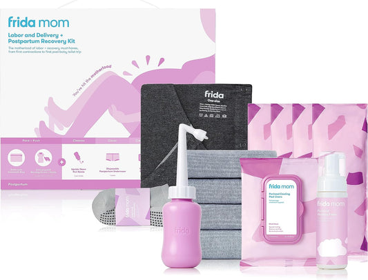 Frida Mom Hospital Packing Kit for Labor, Delivery, & Postpartum | Nursing Gown, Socks, Peri Bottle, Disposable Underwear, Ice Maxi Pads, Pad Liners, Perineal Foam, Toiletry Bag (15 PIECE GIFT SET)