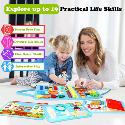 Guolely Busy Board Montessori Toys for 1-6 Years Old - Toddler Travel Toys, Educational Busy Book with 10 Pages Soft Daily Learning Activities - Sensory Toy Gift Ideal for Boys, Girls, Kids