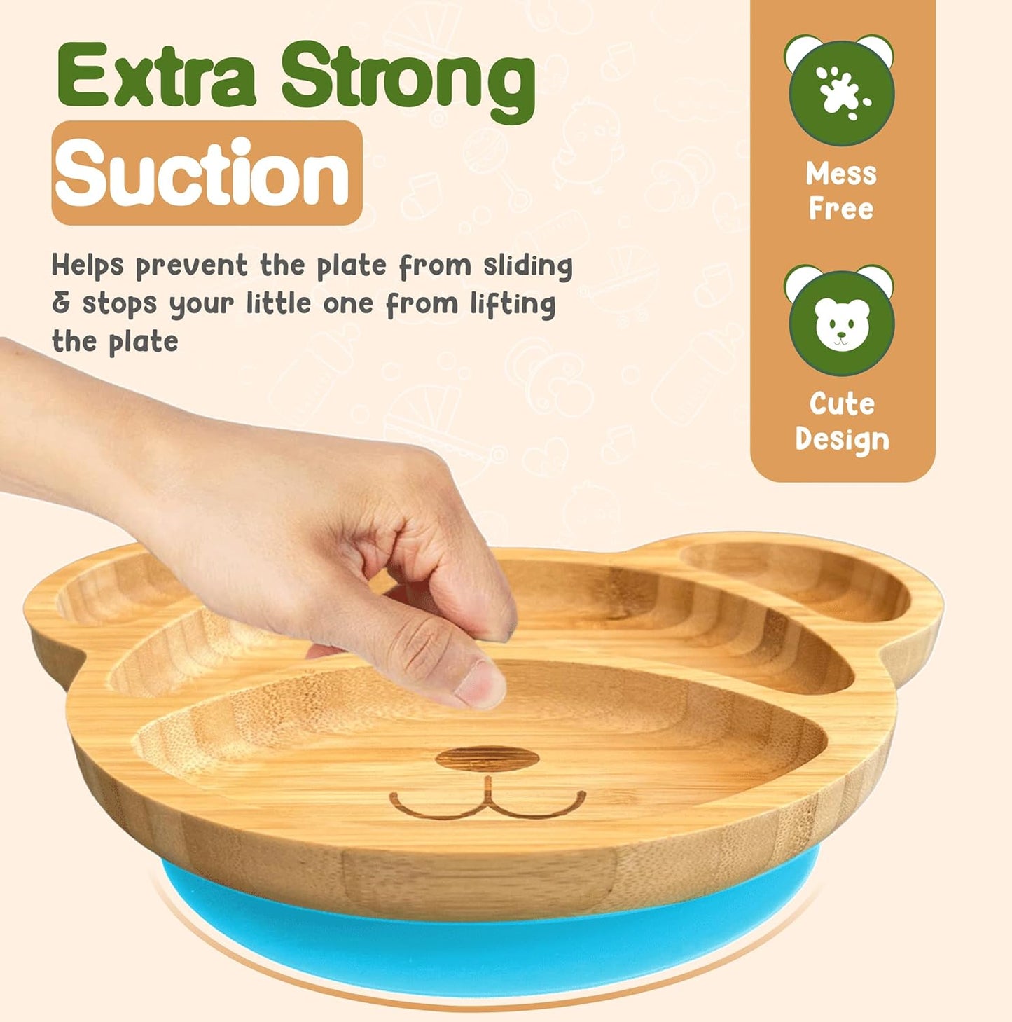 Bamboo Plates For Kids | Baby and Toddler Bamboo Suction Plate for Babies Feeding and Weaning | Promotes Self-Feeding with Eco-Friendly Sturdy Bear Design | Suction Plates for Busy Moms & Dads | Blue