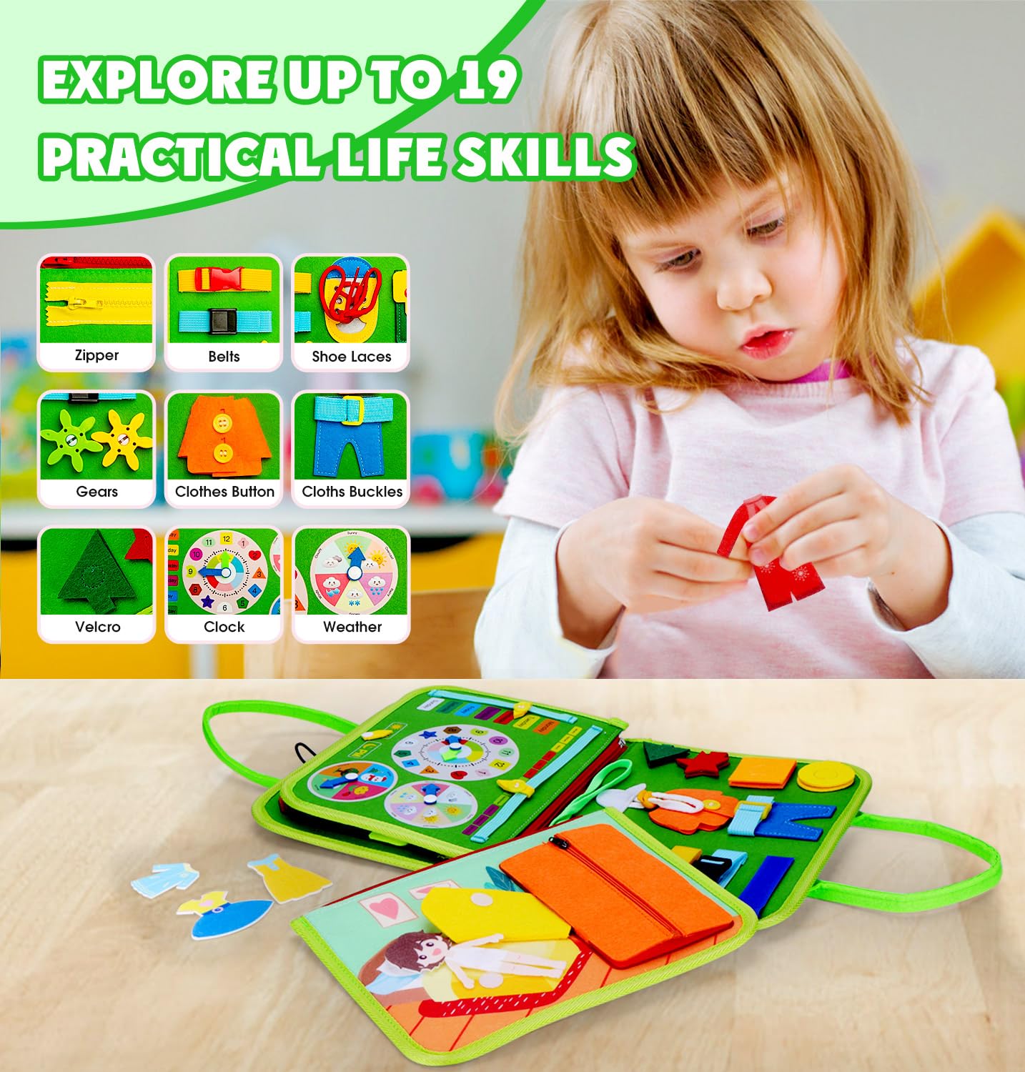 Guolely Busy Board Montessori Toys for 1-6 Years Old - Toddler Travel Toys, Educational Busy Book with 10 Pages Soft Daily Learning Activities - Sensory Toy Gift Ideal for Boys, Girls, Kids