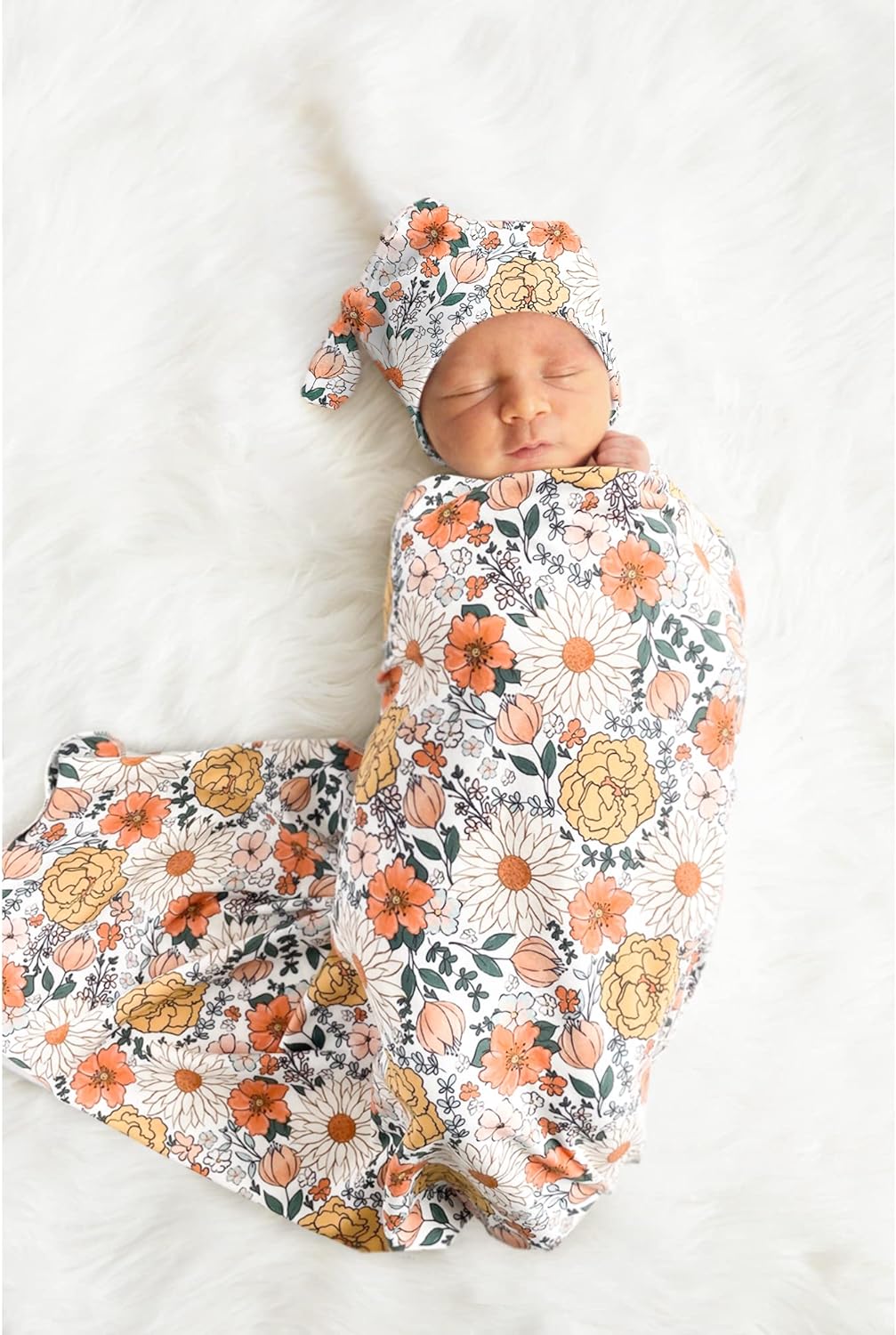 Konssy Baby Girl Newborn Receiving Blanket with Matching Headband and Beanie Set Baby Swaddle Floral Print Nursery Swaddle Wrap