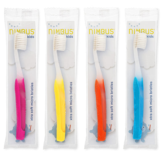 Nimbus NIMBY Kid's Extra Soft Toothbrushes for Sensitive Teeth and Receding Gums, Periodontist Design Plaque Remover Travel Toothbrush, Individually Wrapped (4 Pack, Colors May Vary)