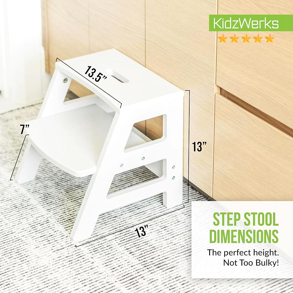 KidzWerks Kids Step Stool for Toddlers Bathroom Kitchen Potty Wooden Children’s Stepping Standing 2-Step Ladder, White