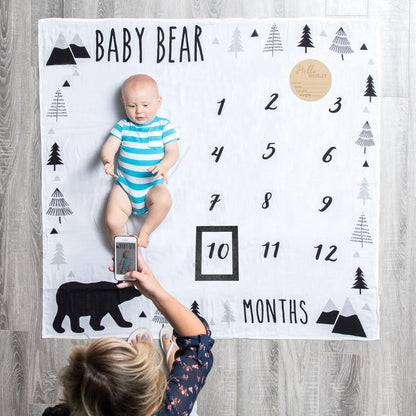 Organic Baby Monthly Milestone Blanket Boy - Baby Bear Months Blanket with Month Marker Frame and Newborn Announcement Disc - Growth Age Blanket for 1-12 Months Milestones, Woodland, 47”x47”