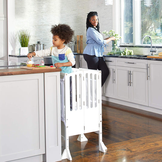 Guidecraft Contemporary Kitchen Helper® Stool and 2 Keepers - White: Wooden, Adjustable Height, Safety Folding Tower for Toddlers